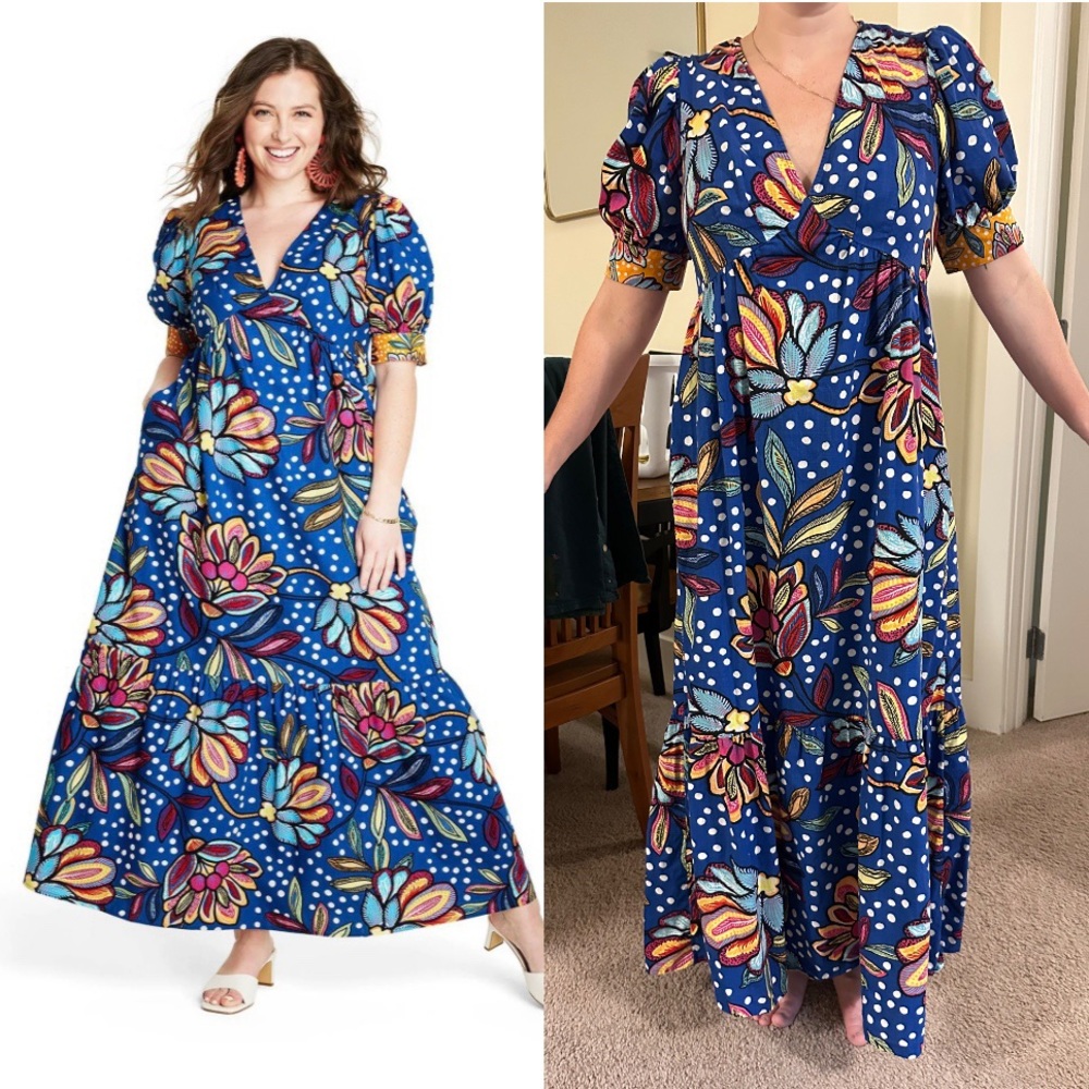 Like New Tabitha Brown for Target Floral/Polka Dot Maxi Dress with Puff Sleeves